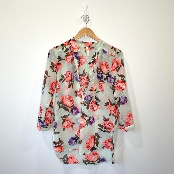 Floral Sheer 3/4 Sleeve Half Button Up Blouse - Picture 1 of 8